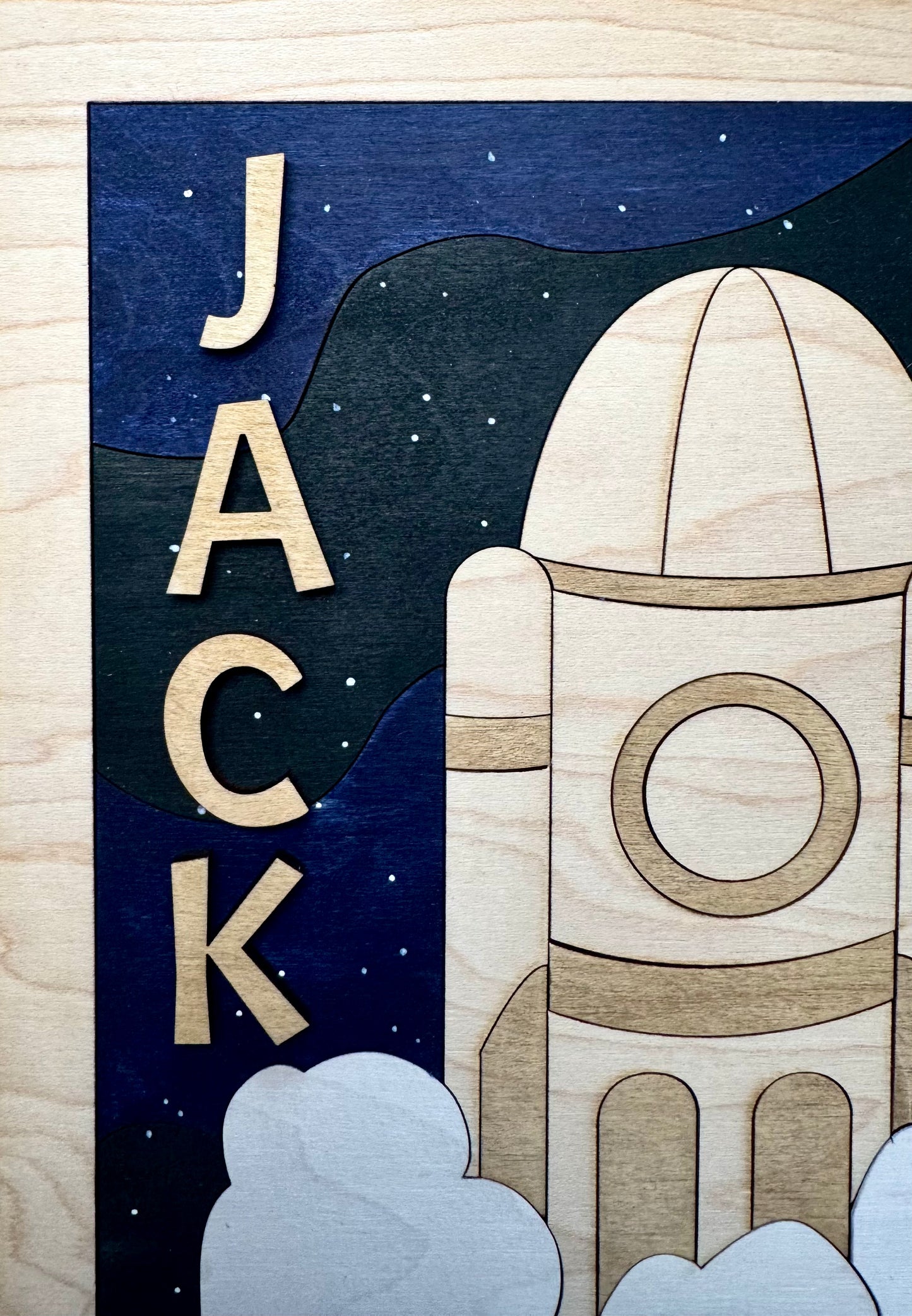 Handcrafted Wooden Space Rocket Wall Art: Personalised Nursery Decor