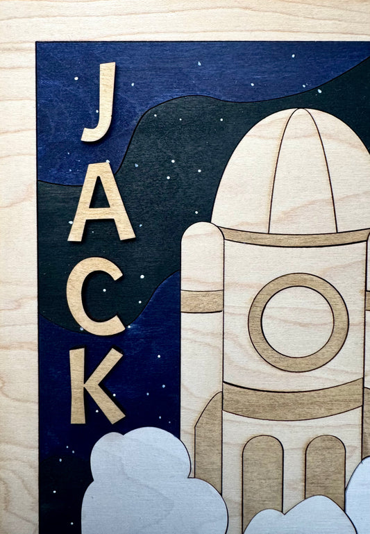 Handcrafted Wooden Space Rocket Wall Art: Personalised Nursery Decor
