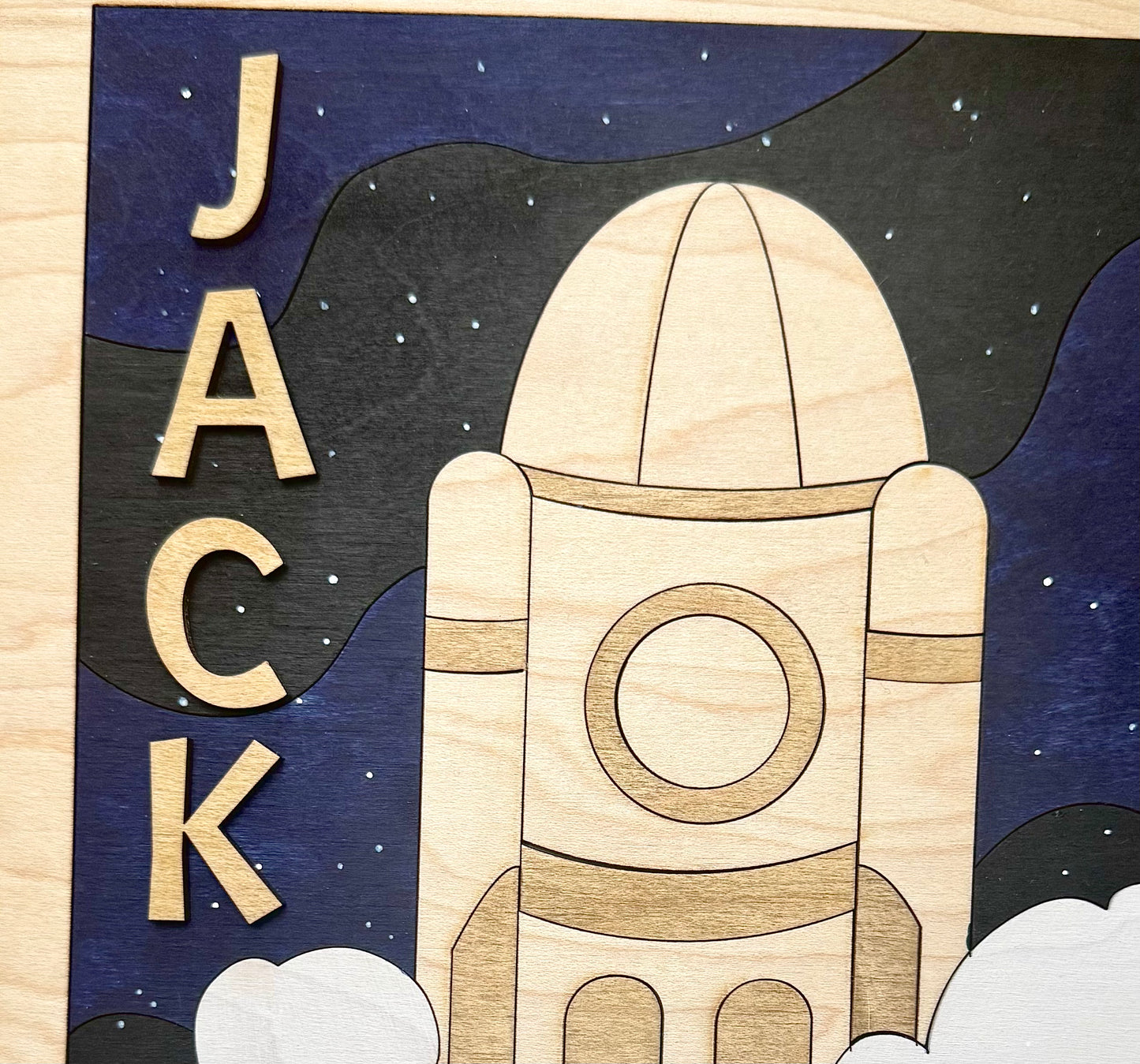 Handcrafted Wooden Space Rocket Wall Art: Personalised Nursery Decor