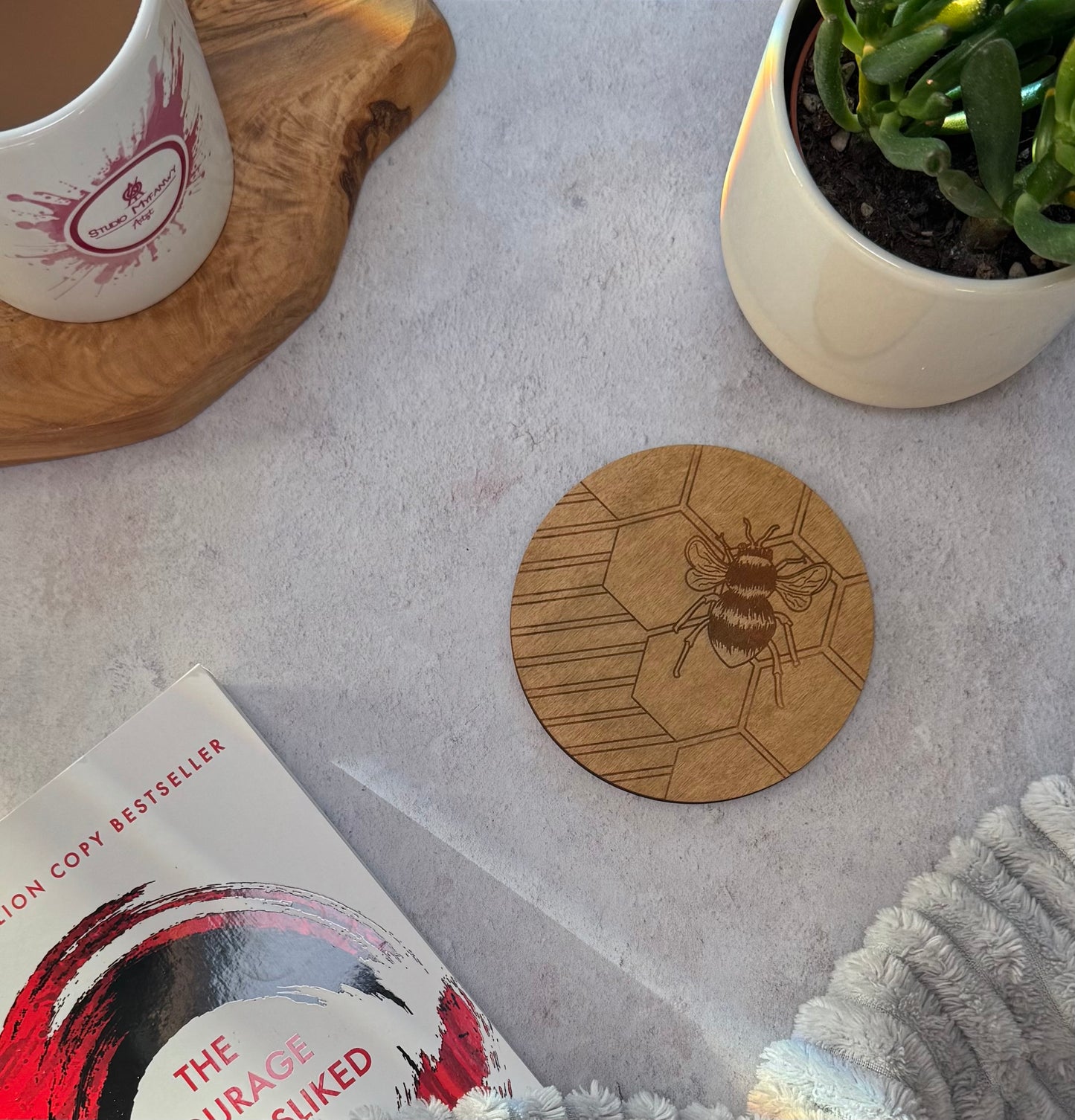 Handmade Wooden Coaster with Engraved Bee Design