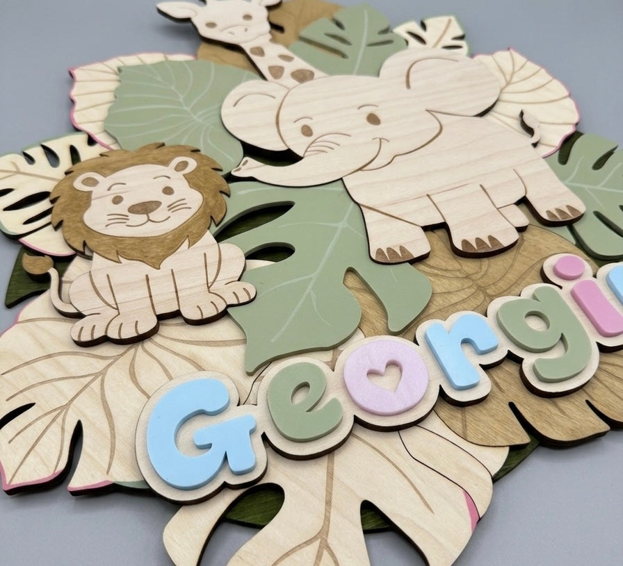 Personalised Safari Nursery Wall Art | Jungle Animal Wooden Name Sign | Kids Room Wall Decor