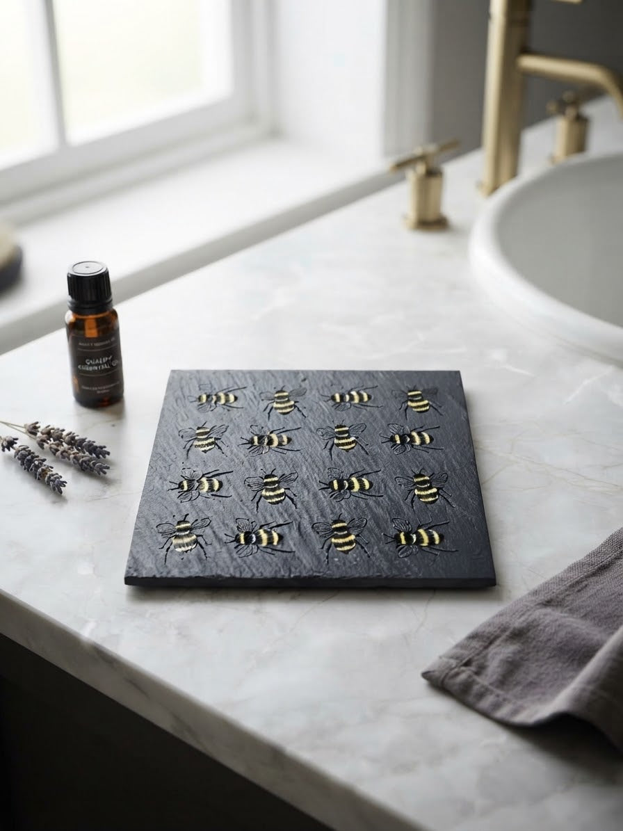 Handcrafted natural slate drink coaster with UV printed bee design