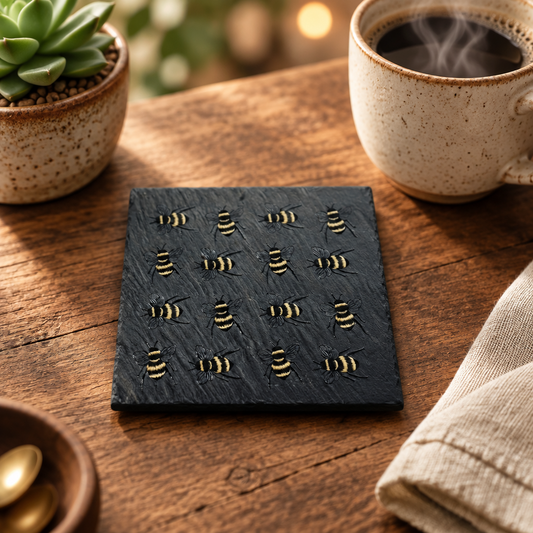 Handcrafted natural slate drink coaster with UV printed bee design