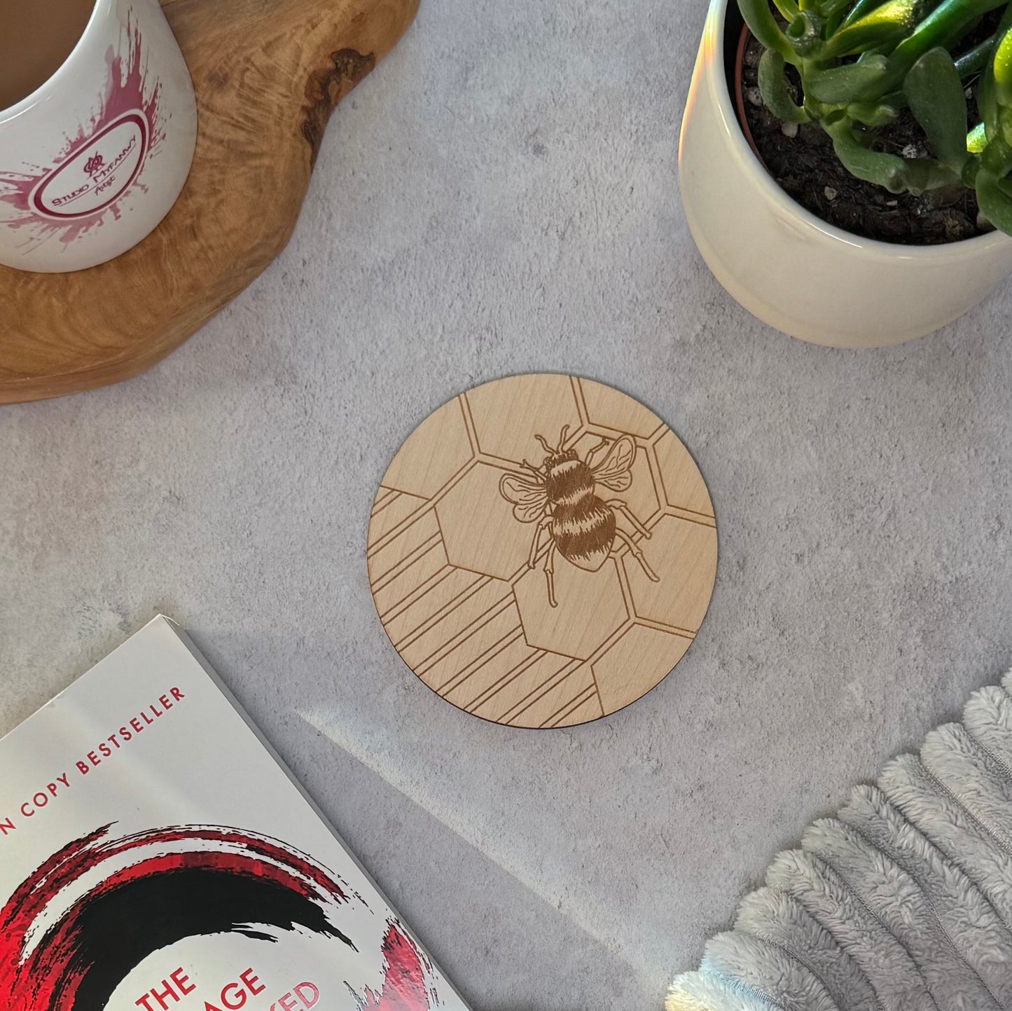 Handmade Wooden Coaster with Engraved Bee Design