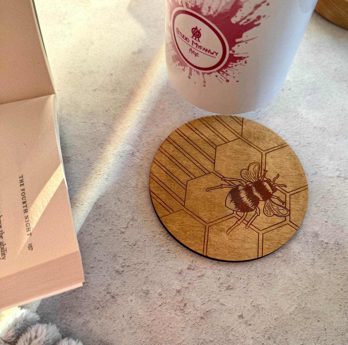 Handmade Wooden Coaster with Engraved Bee Design