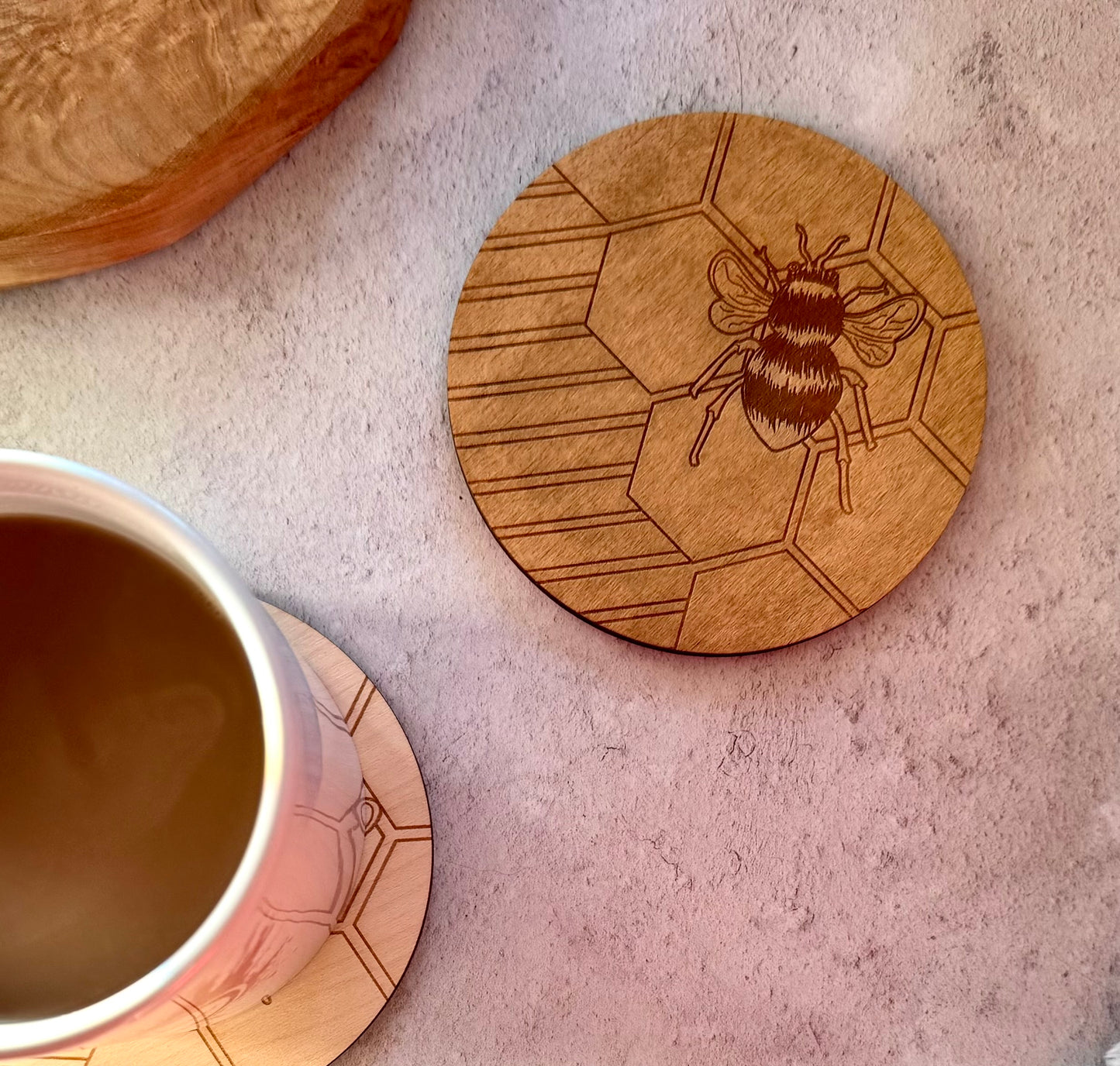 Handmade Wooden Coaster with Engraved Bee Design