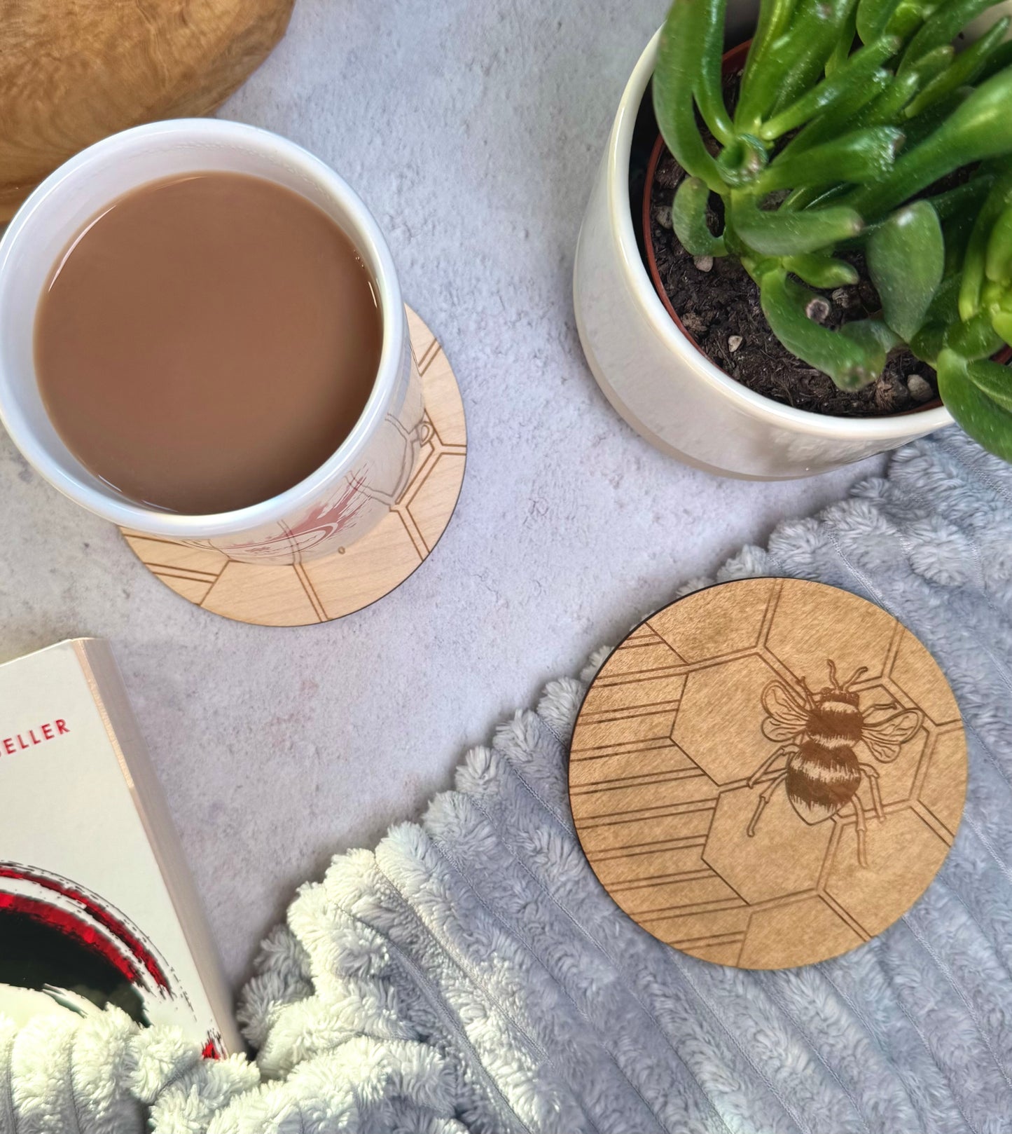 Handmade Wooden Coaster with Engraved Bee Design