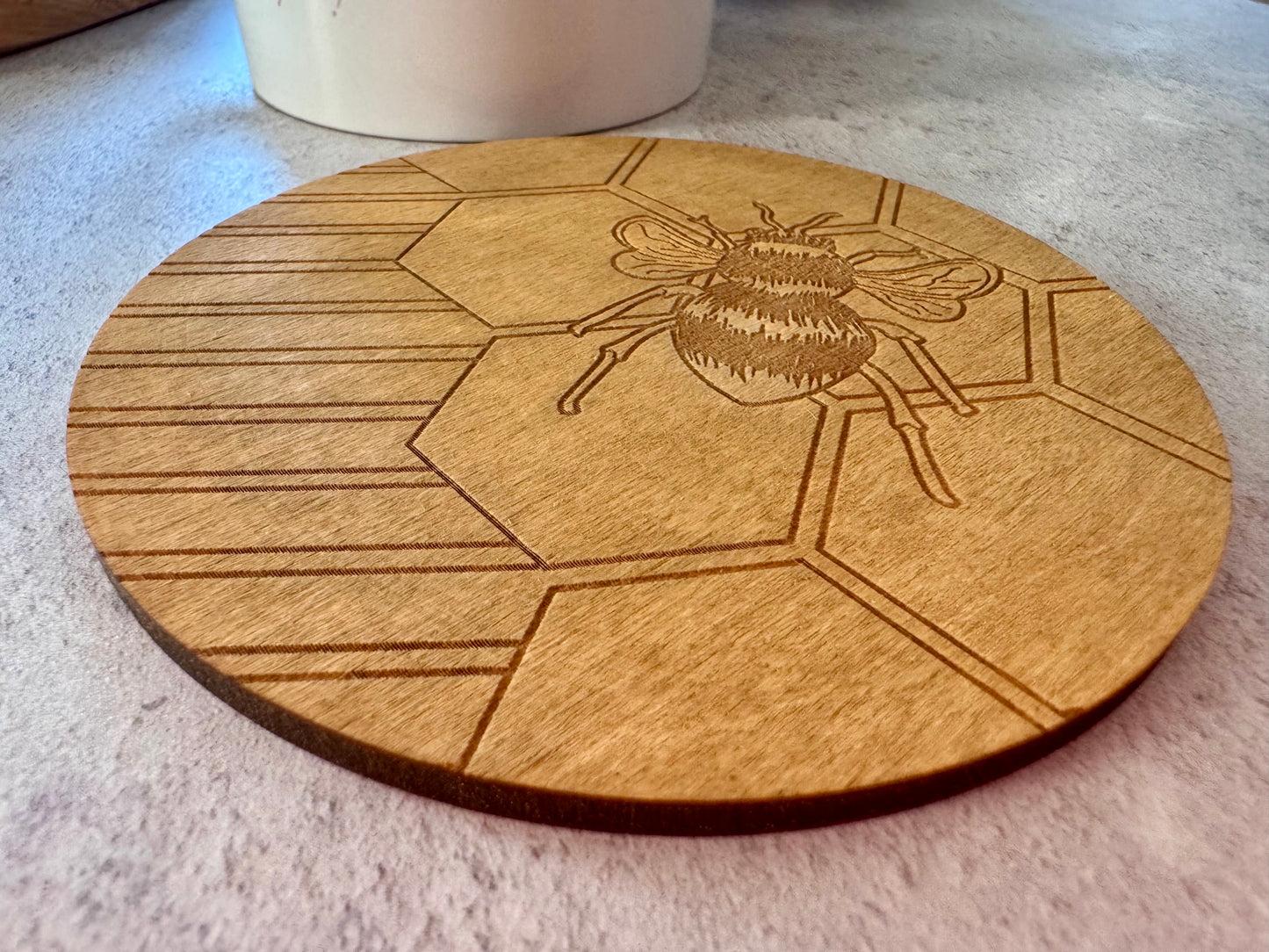 Handmade Wooden Coaster with Engraved Bee Design