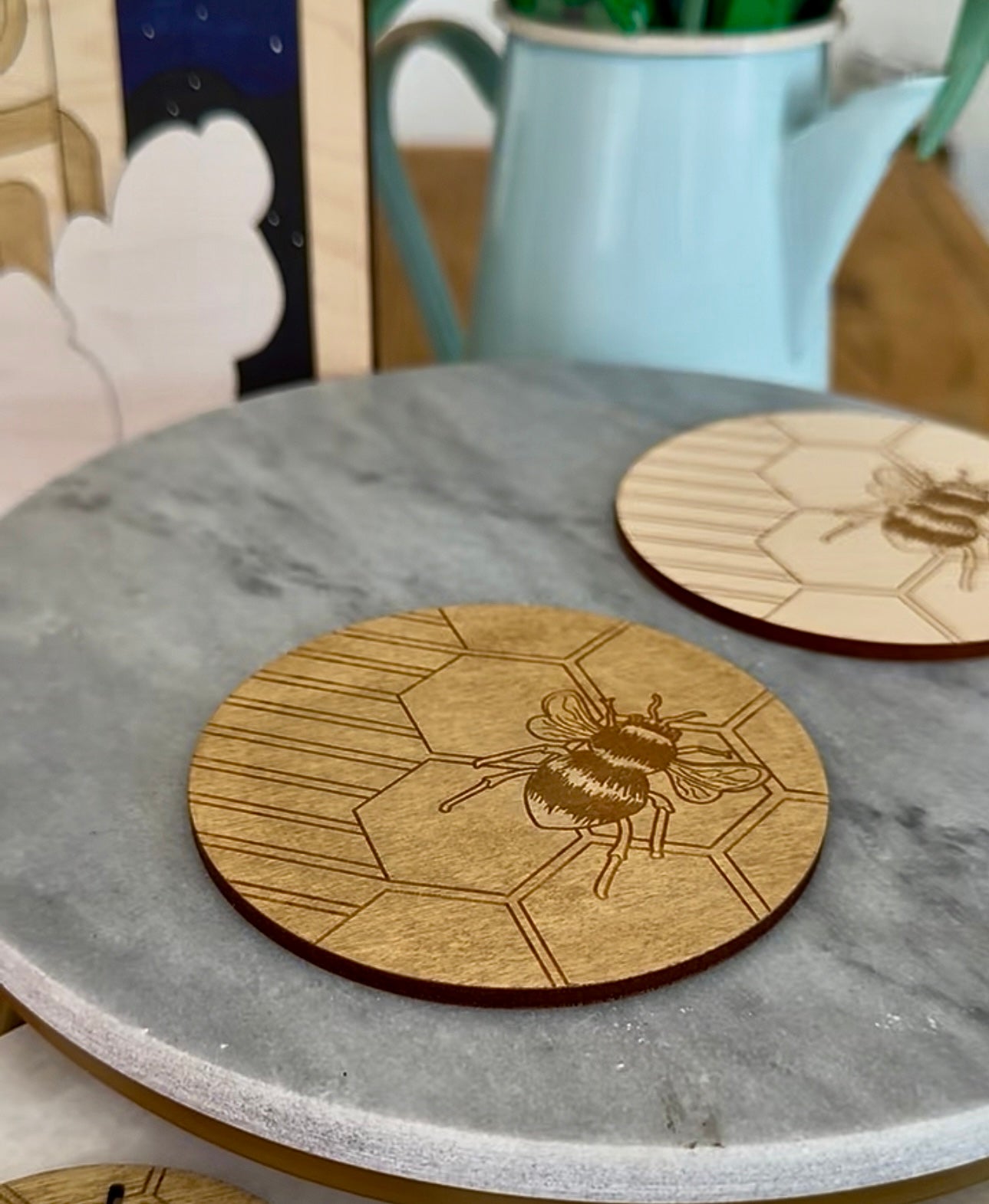 Handmade Wooden Coaster with Engraved Bee Design
