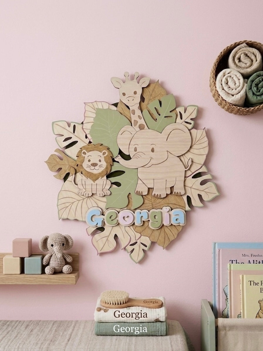 Personalised Safari Nursery Wall Art | Jungle Animal Wooden Name Sign | Kids Room Wall Decor