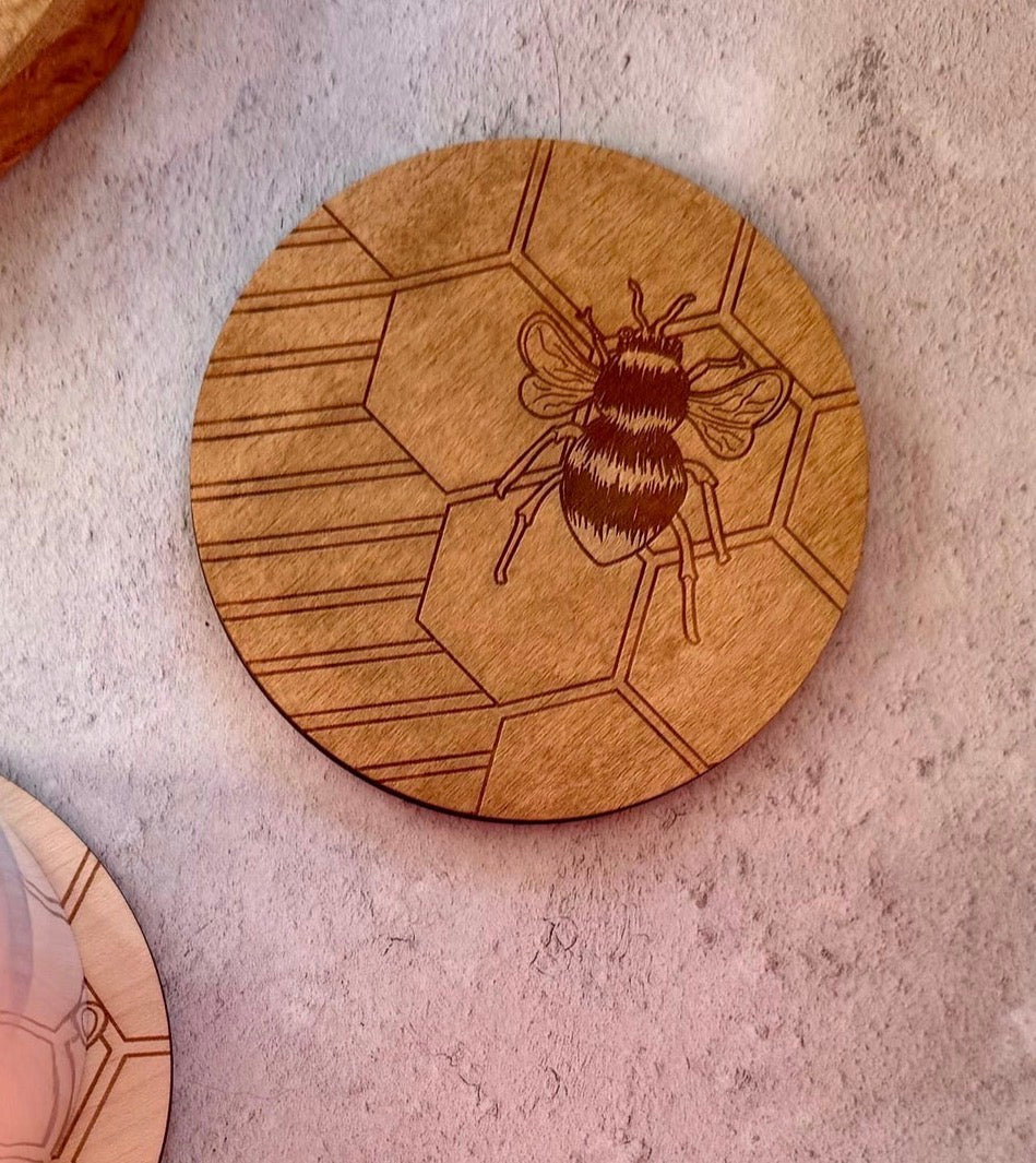 Handmade Wooden Coaster with Engraved Bee Design