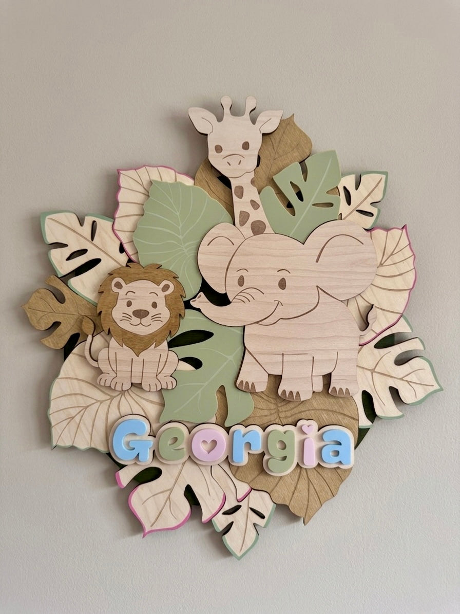 Personalised Safari Nursery Wall Art | Jungle Animal Wooden Name Sign | Kids Room Wall Decor