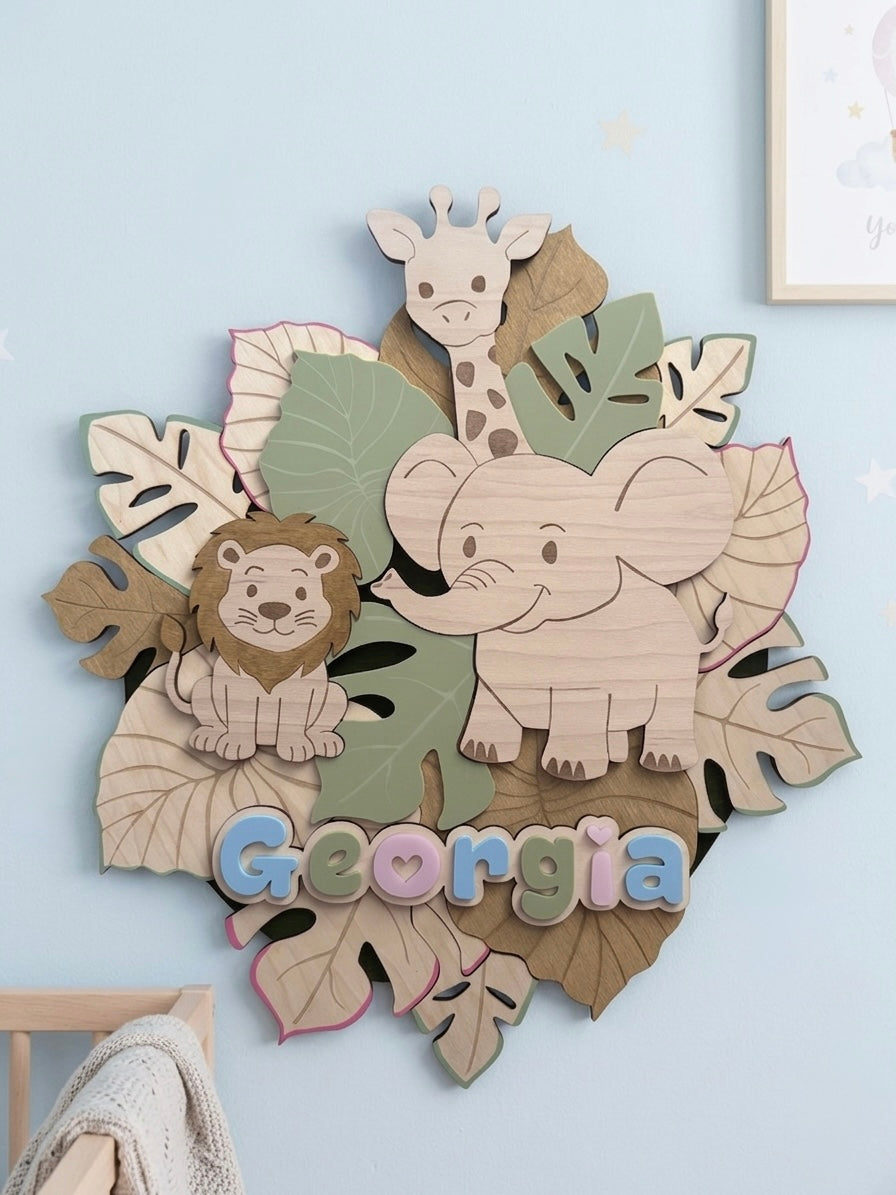 Personalised Safari Nursery Wall Art | Jungle Animal Wooden Name Sign | Kids Room Wall Decor