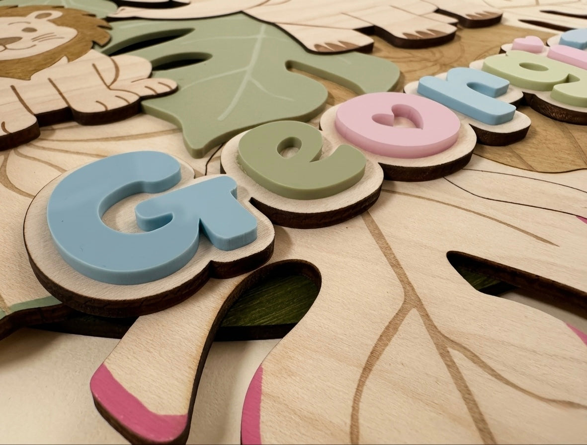 Personalised Safari Nursery Wall Art | Jungle Animal Wooden Name Sign | Kids Room Wall Decor