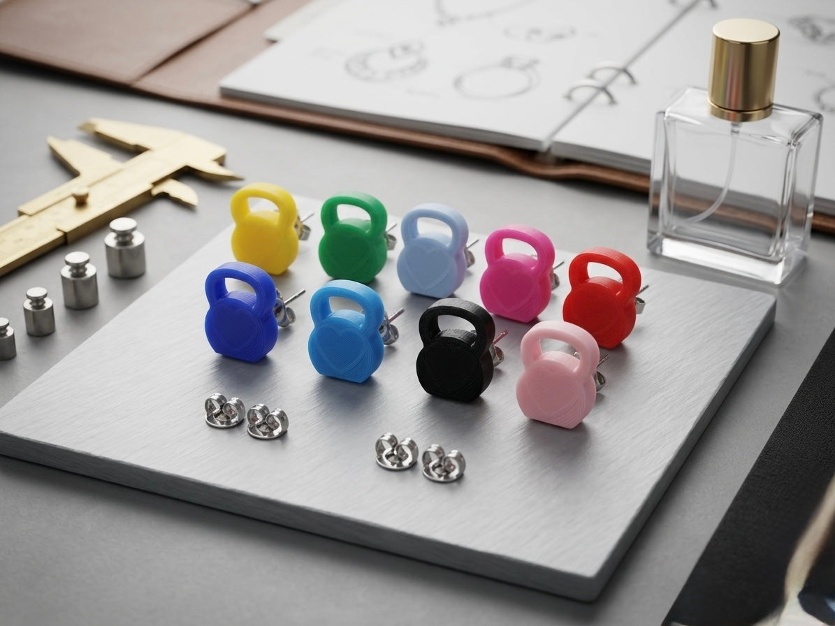 Kettlebell stud earrings - mirrored and acrylic gym jewellery