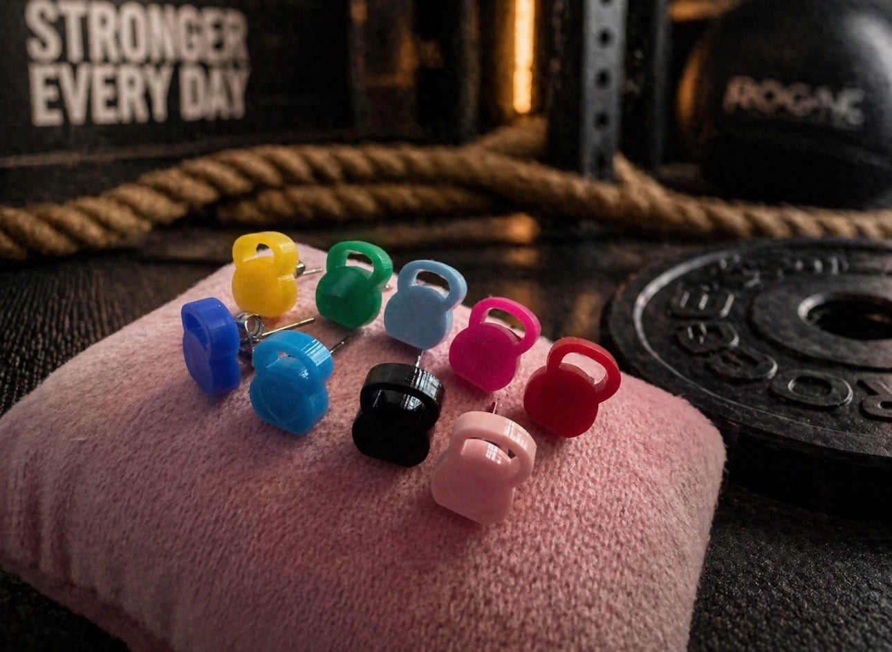 Kettlebell stud earrings - mirrored and acrylic gym jewellery