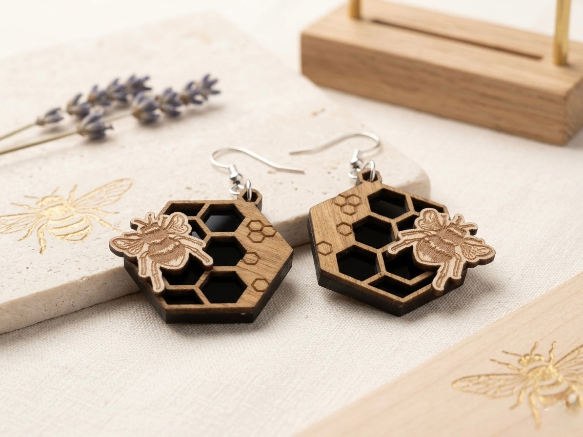 Wooden and Acrylic Bee Drop Earrings
