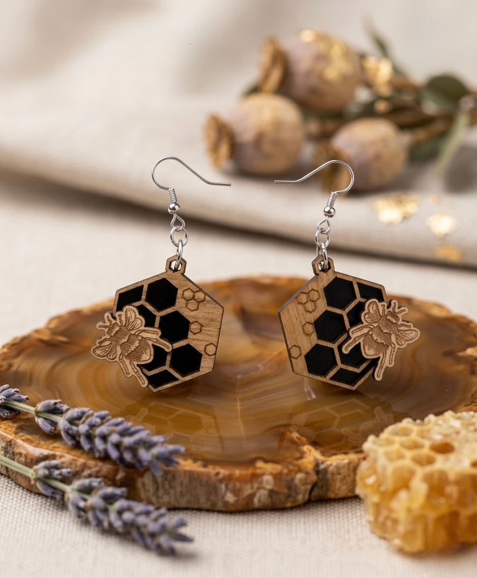 Wooden and Acrylic Bee Drop Earrings