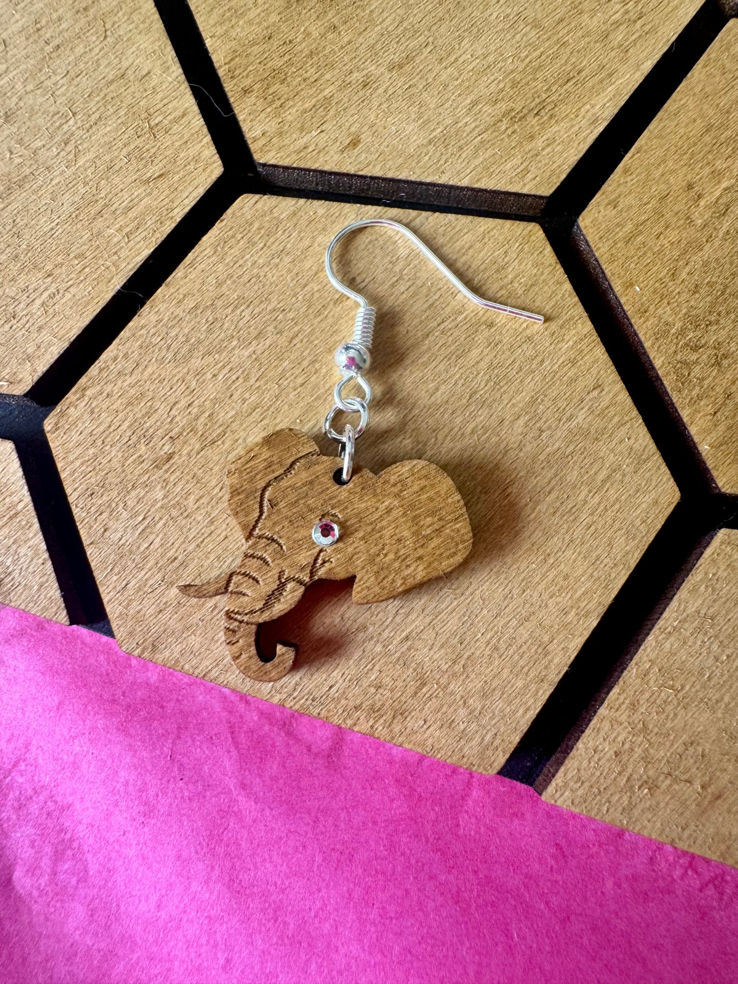 Wooden Elephant Dangle Earring