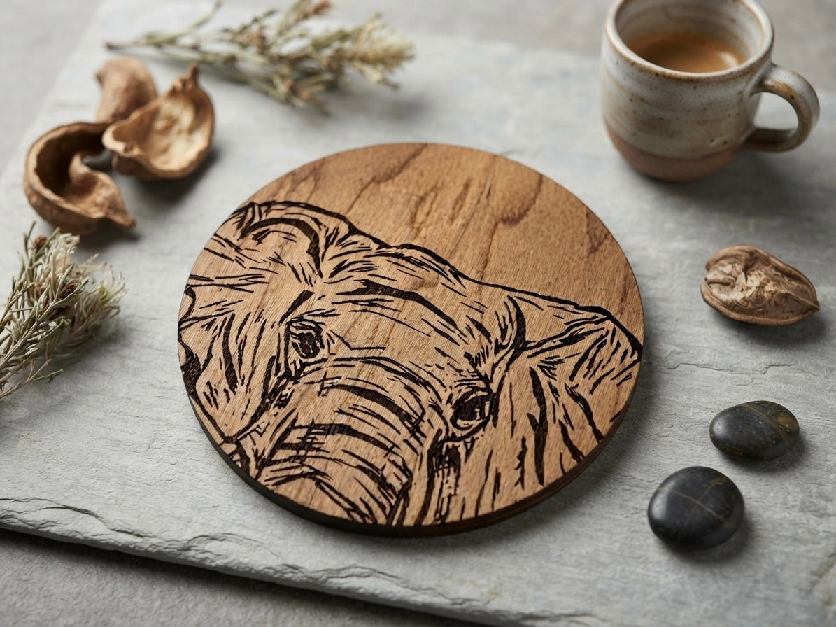 Personalised wooden elephant coaster | custom name engraved drink mat