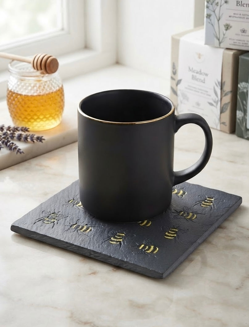 Handcrafted natural slate drink coaster with UV printed bee design