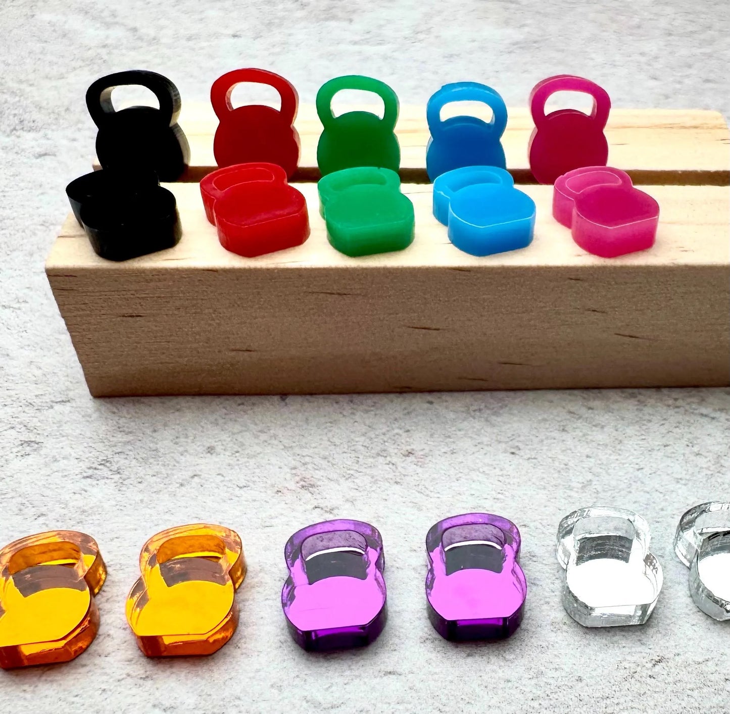 Kettlebell stud earrings - mirrored and acrylic gym jewellery